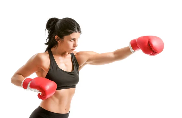 Boxeador femenino deportivo sobre fondo blanco —  Fotos de Stock