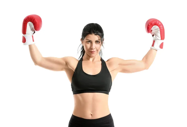 Sportowy bokser kobiece kobieta na białym tle — Zdjęcie stockowe