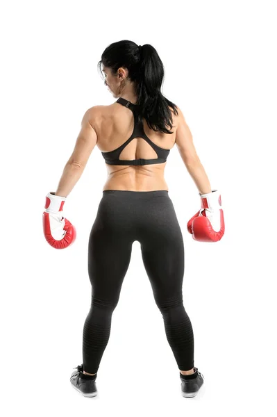 Desportivo boxer feminino no fundo branco — Fotografia de Stock