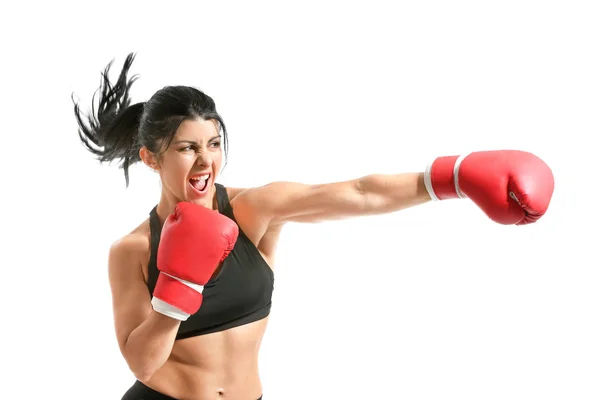 Boxeador femenino deportivo sobre fondo blanco — Foto de Stock