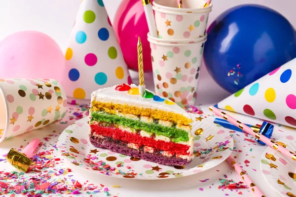 Plate with Birthday cake on white table — Stock Photo, Image