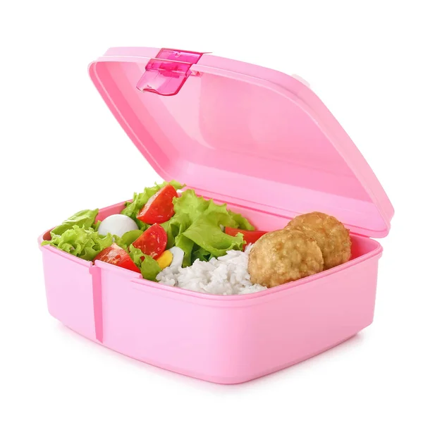 School lunch box with tasty food on white background — Stock Photo, Image