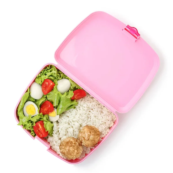 Iskolai ebéd doboz finom ételekkel fehér háttérben — Stock Fotó