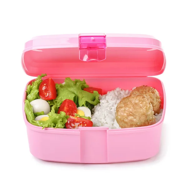 School lunch box with tasty food on white background — Stock Photo, Image