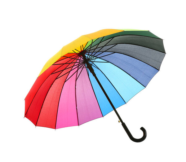 Stylish colorful umbrella on white background