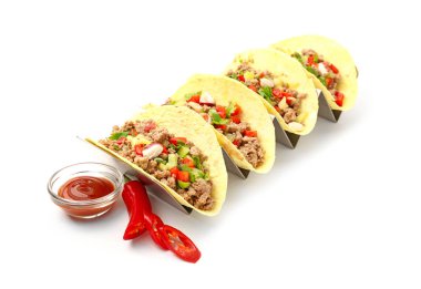 Tasty fresh tacos on white background clipart