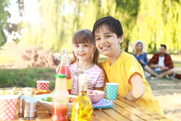 Щасливі маленькі діти мають пікнік в літній день — стокове фото