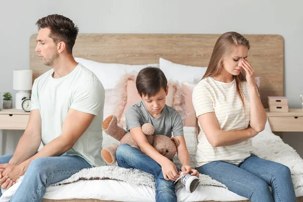 Sad family in bedroom after quarrel — Stock Photo, Image