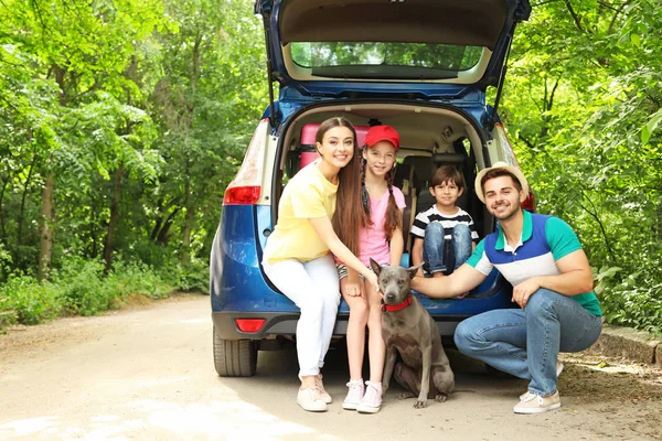 屋外の車の近くに犬と幸せな家族 — ストック写真
