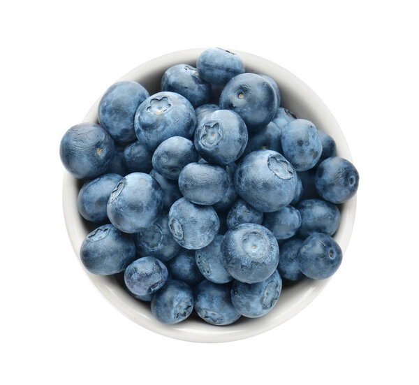 Bowl with ripe blueberry on white background