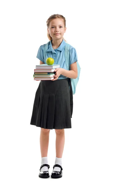 Carino piccola studentessa su sfondo bianco — Foto Stock