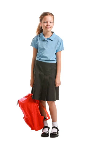 Aranyos kis iskolás lány fehér háttér — Stock Fotó
