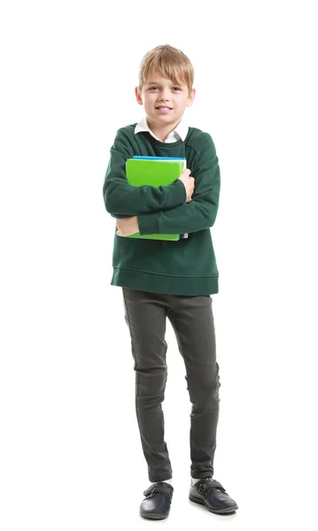Cute little schoolboy on white background — Stock Photo, Image