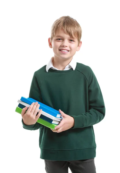 Schattig klein schooljongen op witte achtergrond — Stockfoto