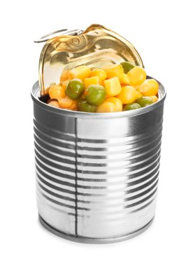 Beyaz arka plan üzerinde mısır ve bezelye ile tin olabilir