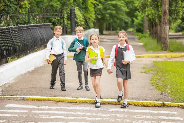 Милые маленькие ученики, переходящие дорогу на улице — стоковое фото