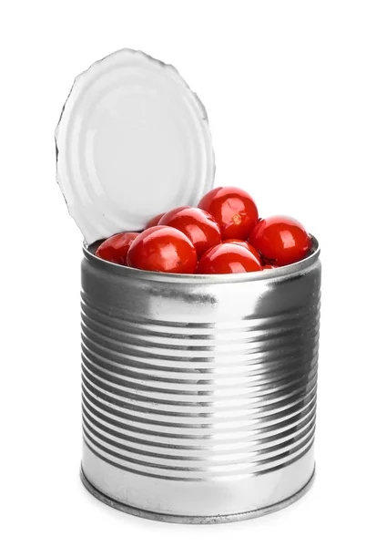 Tin can with tomatoes on white background — Stock Photo, Image