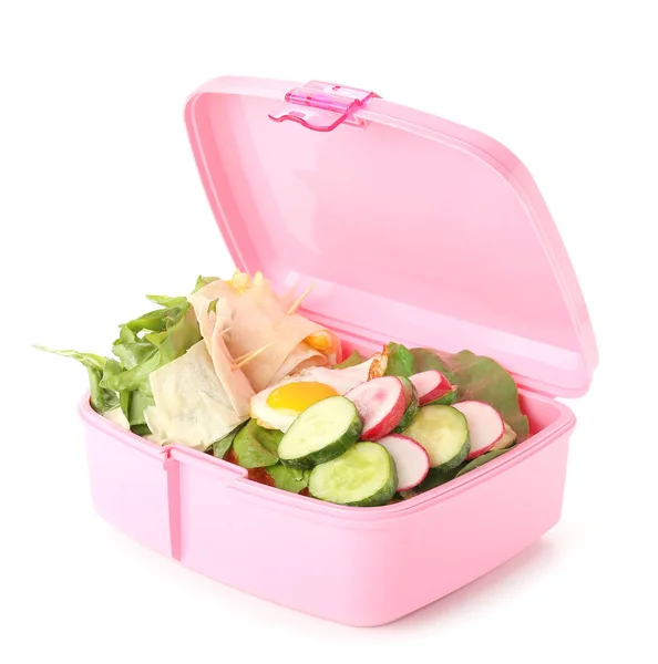 Schulessenbox mit leckerem Essen auf weißem Hintergrund — Stockfoto