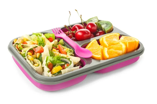 School lunch box with tasty food on white background — Stock Photo, Image