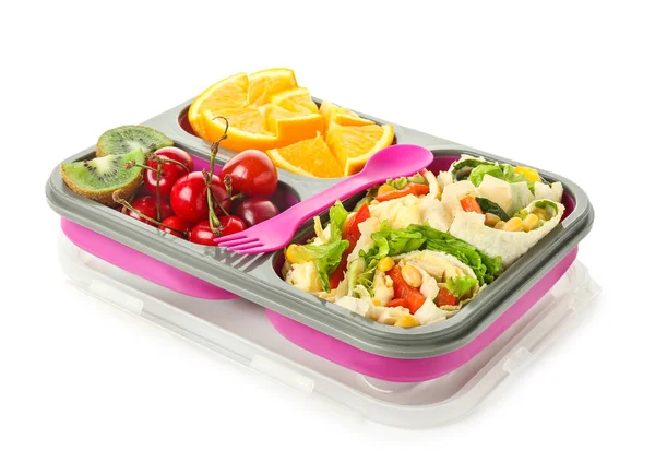 School lunch box with tasty food on white background — Stock Photo, Image