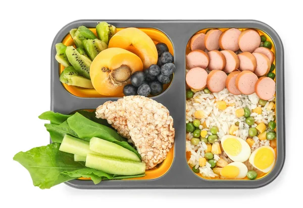 Σχολικό κουτί μεσημεριανού γεύματος με νόστιμο φαγητό σε λευκό φόντο — Φωτογραφία Αρχείου