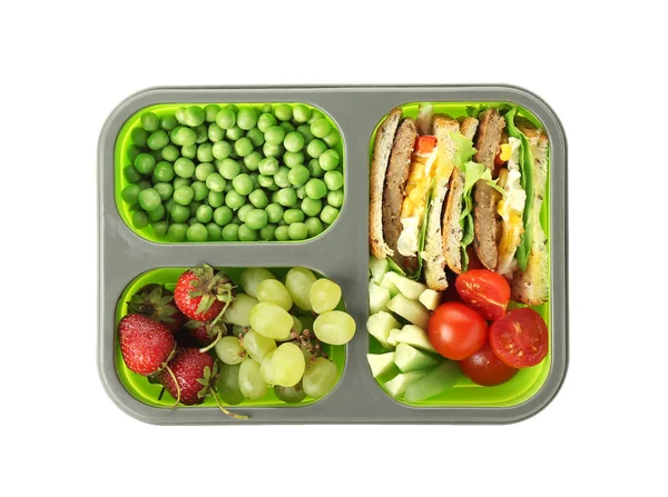 Scatola pranzo scuola con cibo gustoso su sfondo bianco — Foto Stock
