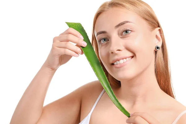 Beautiful young woman with aloe vera on white background — Stock Photo, Image