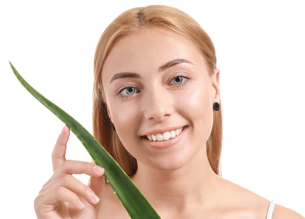 Beautiful young woman with aloe vera on white background — Stock Photo, Image