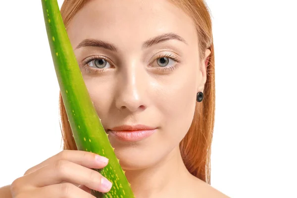 Beautiful young woman with aloe vera on white background — Stock Photo, Image