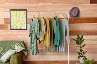 Soyunma odası nın iç asılı giysileri ile Raf