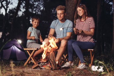 Aile akşam kamp ateşi üzerinde marshmallow kızartma