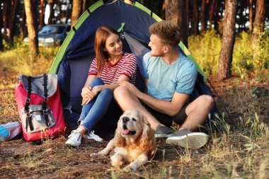 Sevimli köpek ormanda hafta sonu harcama ile genç çift