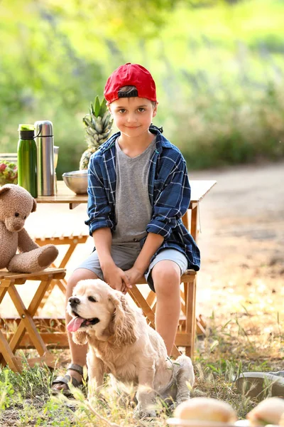 Little boy with cute dog spending weekend in forest — Stock Photo, Image