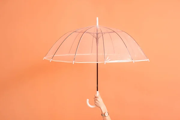 Mano femenina con paraguas elegante sobre fondo de color — Foto de Stock