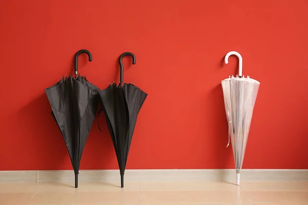 Stylish umbrellas near color wall — Stock Photo, Image