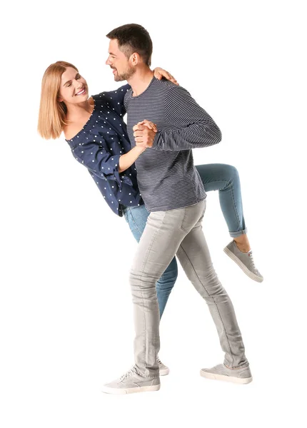 Retrato de casal dançando no amor no fundo branco — Fotografia de Stock