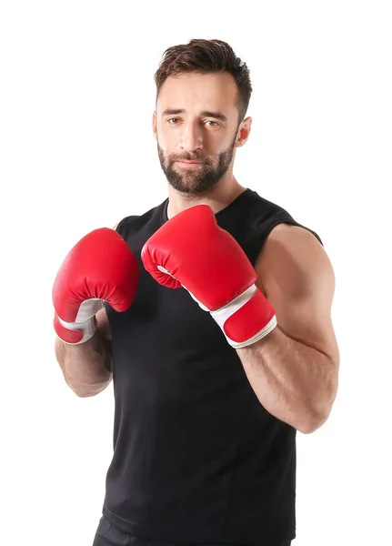 Boxeador masculino fuerte sobre fondo blanco — Foto de Stock