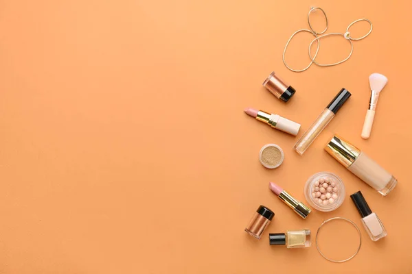 Set of decorative cosmetics on color background — Stock Photo, Image