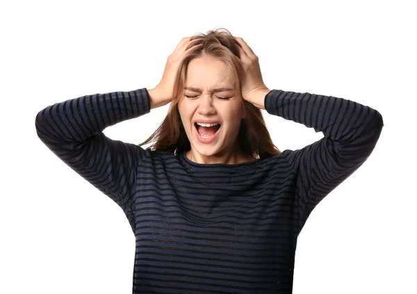 Woman having panic attack on white background — Stock Photo, Image