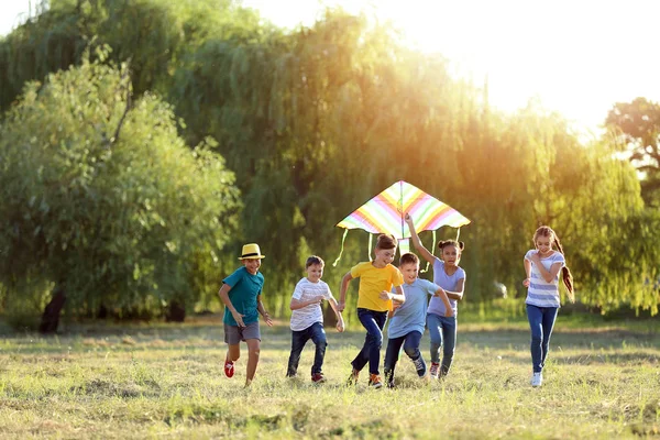 Barn flyger kite på sommardag — Stockfoto
