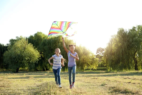 Dzieci latające latawca w letni dzień — Zdjęcie stockowe