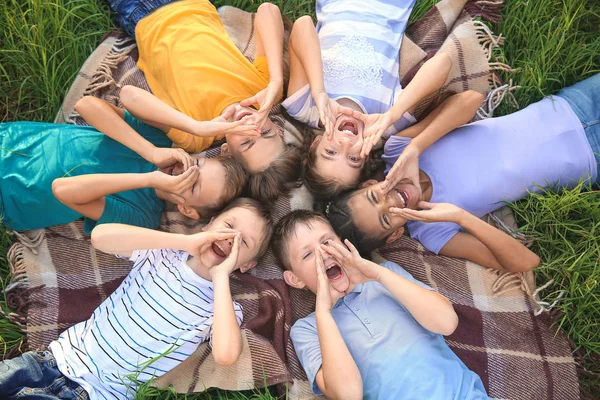 Kindergruppe liegt auf Plaid im Park — Stockfoto