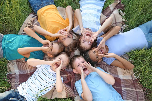 Group of children lying on plaid in park — Stock Photo, Image
