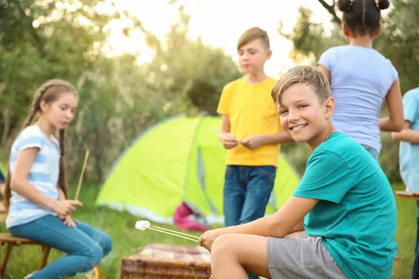 Bambini che arrostiscono il marshmallow in fiamme al campo estivo — Foto Stock