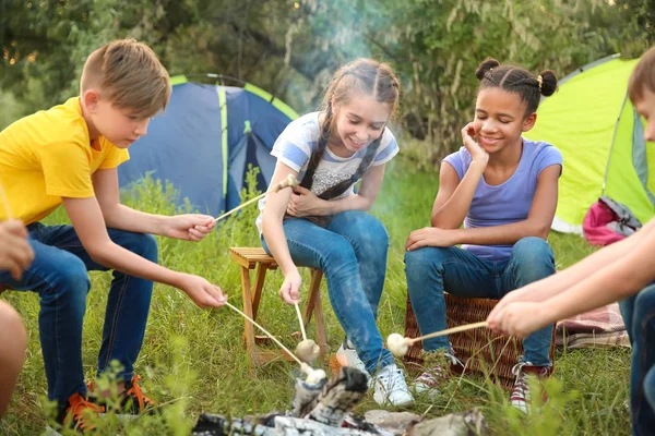 I bambini arrostiscono funghi in fuoco a campo estivo — Foto Stock