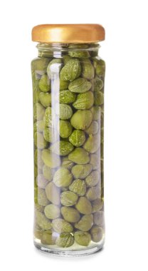 Jar with canned capers on white background clipart