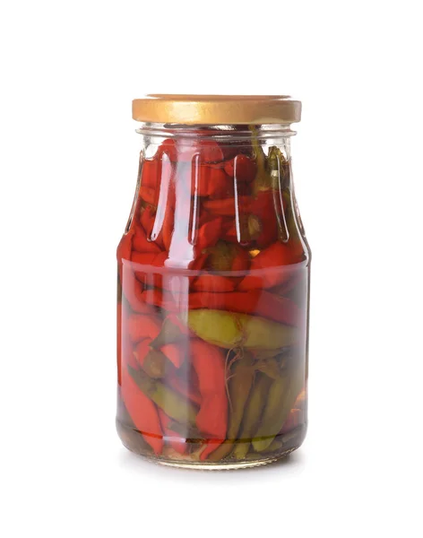 Jar with canned chili pepper on white background — Stock Photo, Image