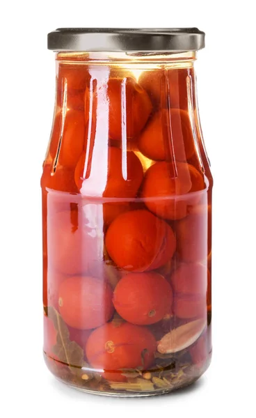 Jar with canned tomatoes on white background — Stock Photo, Image