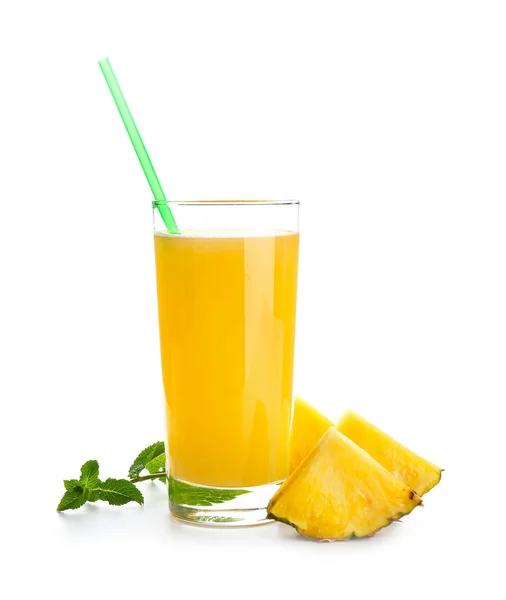 Glass of tasty pineapple juice on white background — Stock Photo, Image