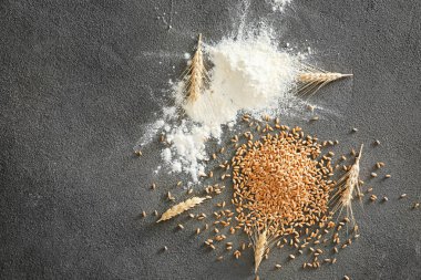 Gri arka planda un ve sivri uçlu buğday taneleri